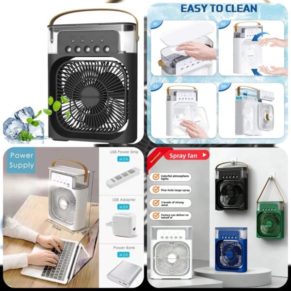 Desktop mist fan poster showing spray fan features and easy cleaning