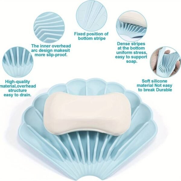 Silicone soap dish product details showing drainage stripes