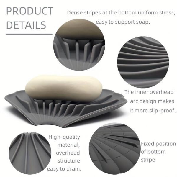 Sea shell soap dish in grey with product detail diagrams