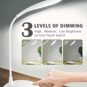 LED desk lamp with 3 levels of touch dimming shown on a desk