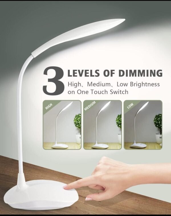 LED desk lamp with 3 levels of touch dimming shown on a desk