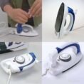 Mini travel iron in use showing folding handle and temperature dial
