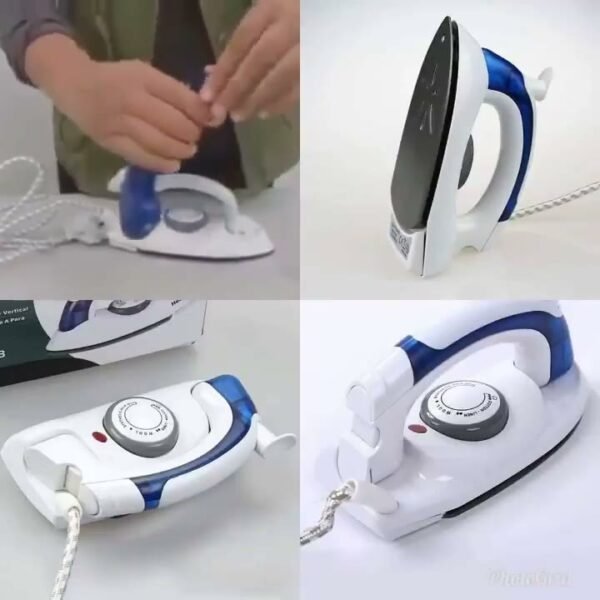 Mini travel iron in use showing folding handle and temperature dial Mini travel iron in use showing folding handle and temperature dial