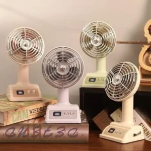 Vintage portable fans in pastel colours with digital display bases
