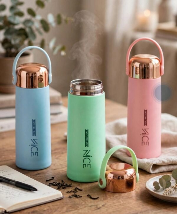 Nice vacuum flask bottles in blue green and pink on a table