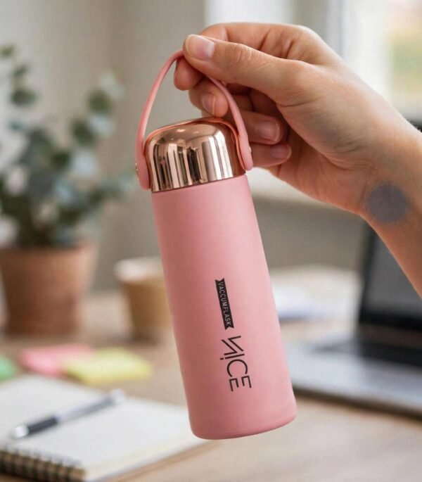 Pink vacuum flask bottle with carry loop held in hand