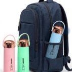 Insulated flask bottles next to a backpack for travel