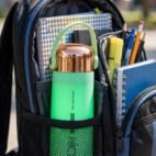 Leak proof flask bottle inside a school bag pocket