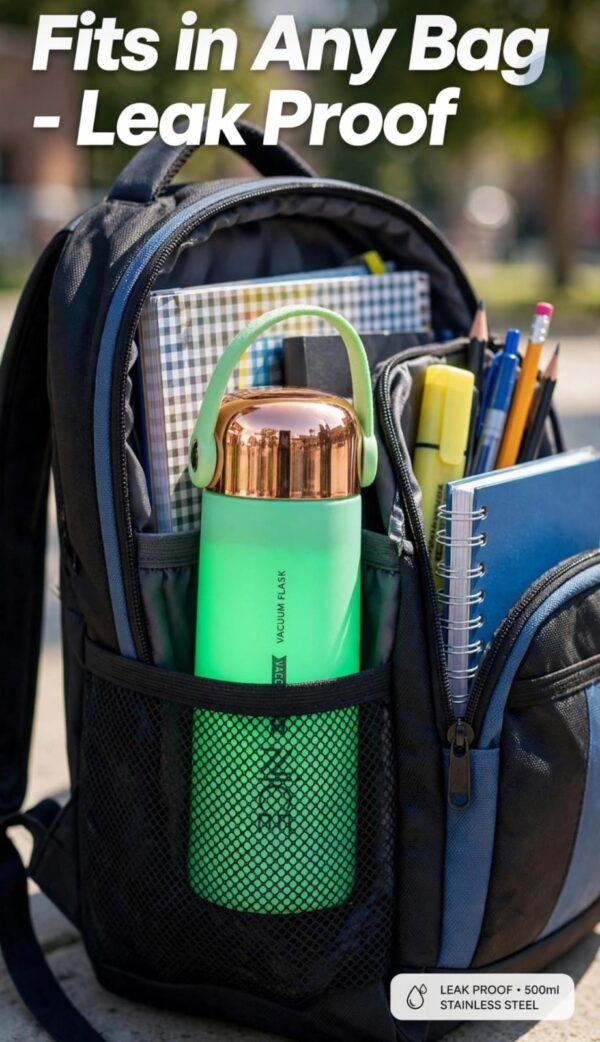 Leak proof flask bottle inside a school bag pocket