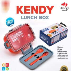 Kids lunch box with spoon and fork tray shown in red colour poster