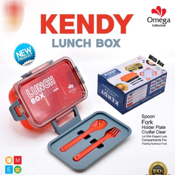 Kids lunch box with spoon and fork tray shown in red colour poster