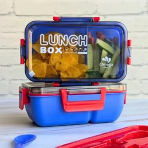Blue compartment lunch box with transparent lid and clips
