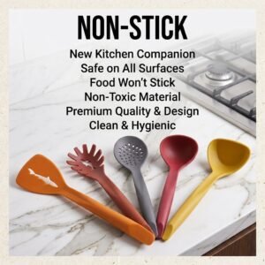 Non-stick kitchen serving spoon set of 5 colourful spoons poster