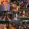 Solar deck lights glowing along outdoor steps and pathways collage