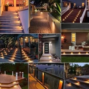 Solar deck lights glowing along outdoor steps and pathways collage