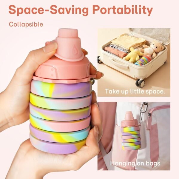 Foldable silicone bottle held in hand showing space saving size