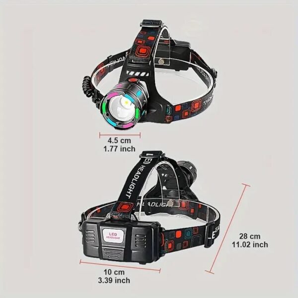 Rechargeable headlight size dimensions and headband details
