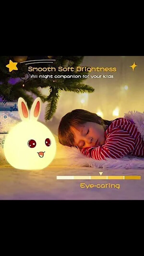 Bunny night light poster showing soft brightness beside a sleeping child