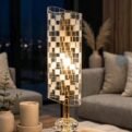 Crystal mosaic lamp glowing in a living room at night
