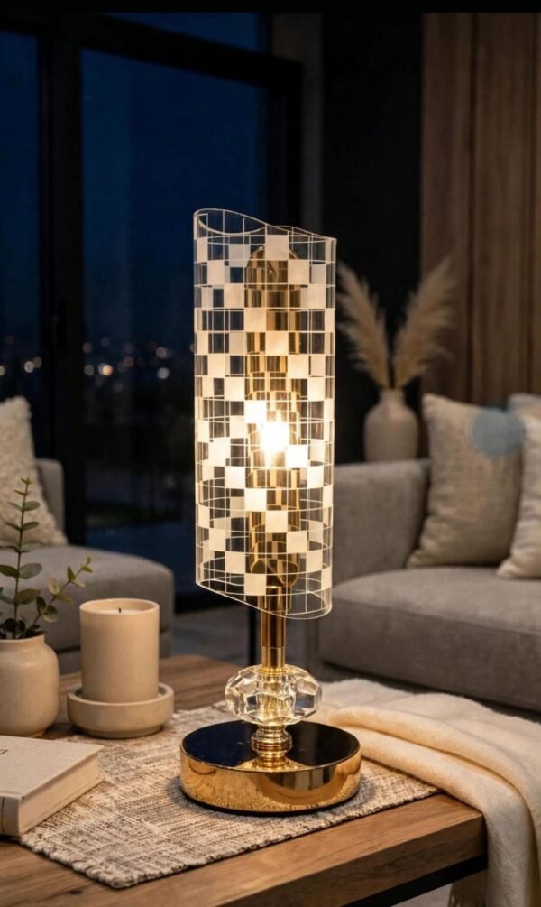 Crystal mosaic lamp glowing in a living room at night