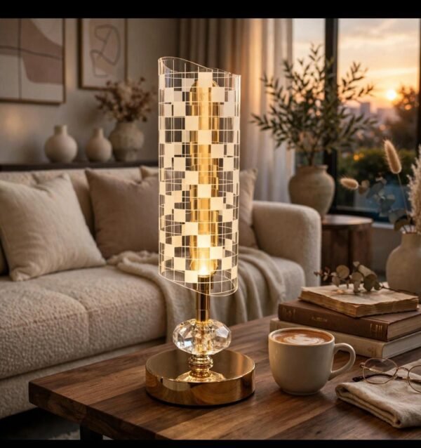 Luxury crystal table lamp on a coffee table in daylight