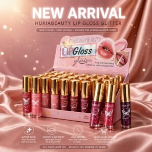 Huxia pink lip gloss tube with applicator on pink background