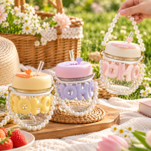 Imported Cute Girl Transparent Cup With pearl chain Straw Gift For Girls - High Quality