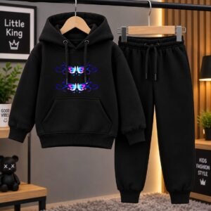 Kids Black Fleece Hoodie and Trouser Set - Butterfly, Love and Tea Prints