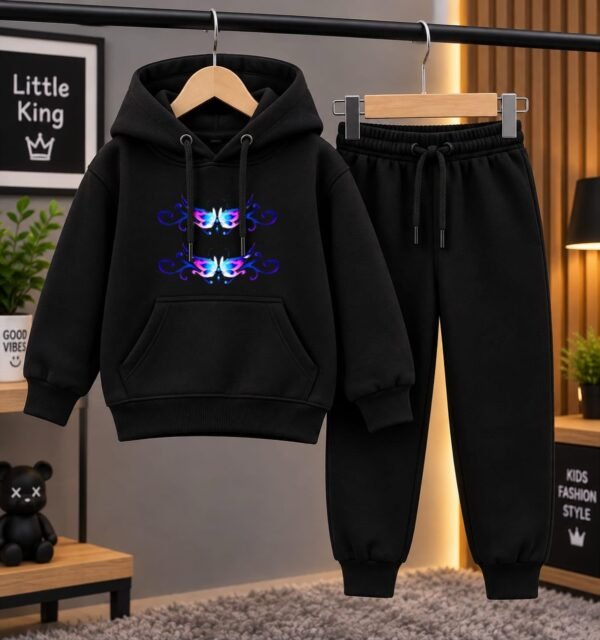 Kids Black Fleece Hoodie and Trouser Set - Butterfly, Love and Tea Prints