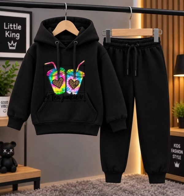Kids Black Fleece Hoodie and Trouser Set - Butterfly, Love and Tea Prints