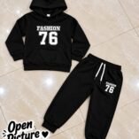 Kids FASHION 76 Kangaroo Hoodie & Trouser Set - black flat lay colourway photo 8