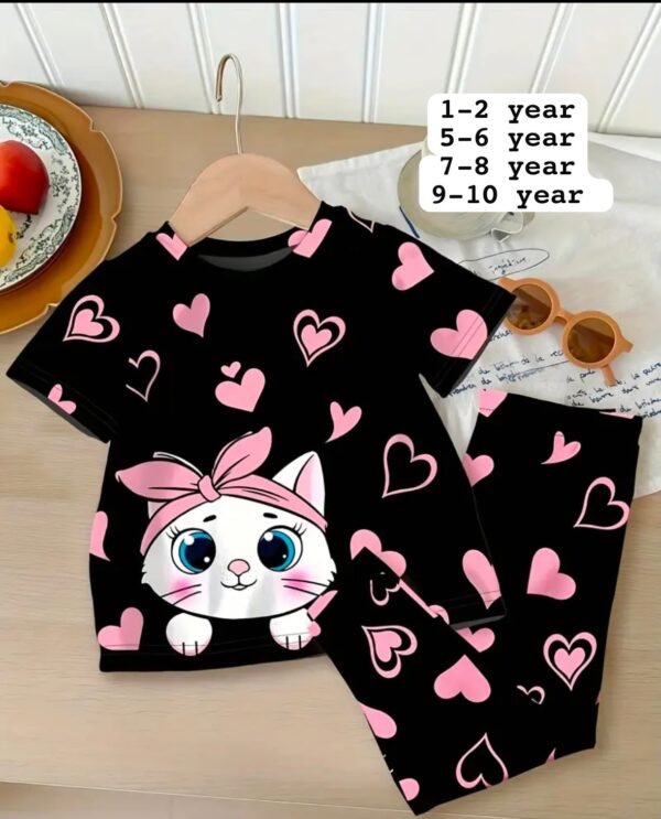 Kids black cat print nightwear set with pink hearts in jersey