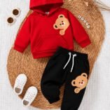 Kids Teddy Bear Print Hoodie & Trouser Set - red colourway photo 2