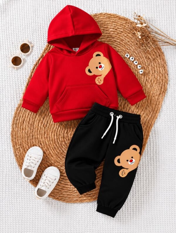 Kids Teddy Bear Print Hoodie & Trouser Set - red colourway photo 2