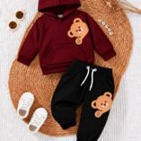 Kids Teddy Bear Print Hoodie & Trouser Set - maroon colourway photo 3