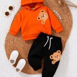 Kids Teddy Bear Print Hoodie & Trouser Set - orange colourway photo 6
