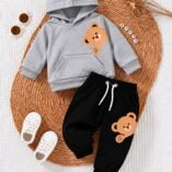 Kids Teddy Bear Print Hoodie & Trouser Set - grey colourway photo 7