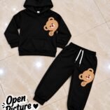 Kids Teddy Bear Print Hoodie & Trouser Set - black flat lay colourway photo 8