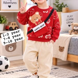 Kids bear print fleece track suit with red sweatshirt and cream trouser
