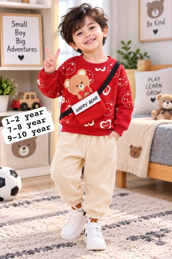 Kids bear print fleece track suit with red sweatshirt and cream trouser