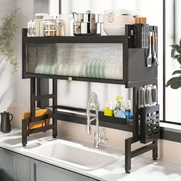 Large Capacity Carbon Steel Kitchen Accessories Storage Rack Dish Bowl Dishwashing Sink Draining Rack for Flip Cover Tab