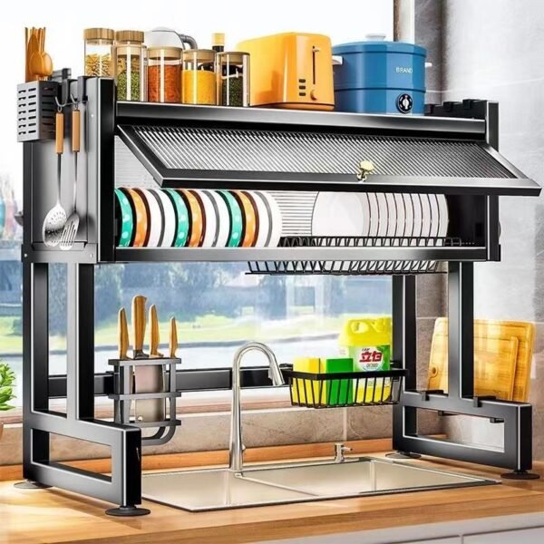 Large Capacity Carbon Steel Kitchen Accessories Storage Rack Dish Bowl Dishwashing Sink Draining Rack for Flip Cover Tab