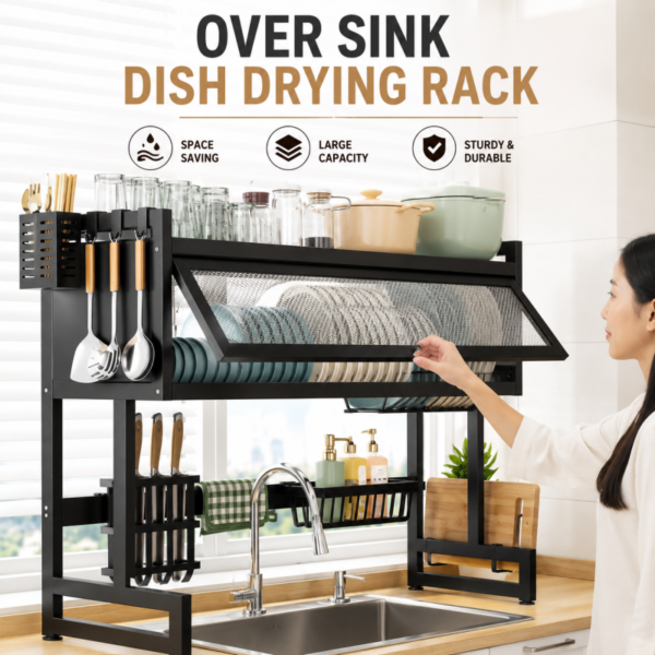 Large Capacity Carbon Steel Kitchen Accessories Storage Rack Dish Bowl Dishwashing Sink Draining Rack for Flip Cover Tab