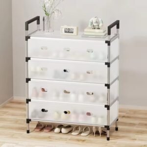 Dust-proof shoe rack with enclosed translucent layers in a home entryway