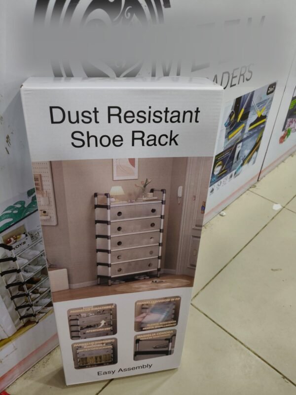 Dust-proof shoe rack retail box showing the assembled cabinet