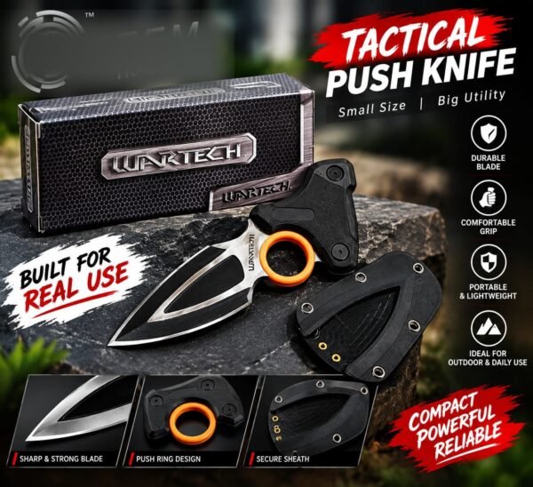 Tactical push knife feature poster showing blade, ring grip and sheath details