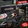 Tactical push knife feature poster showing blade, ring grip and sheath details