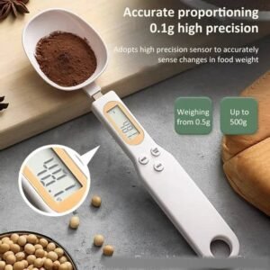 Digital spoon scale close-up showing 0.1g precision weighing up to 500g