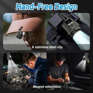 Mini flashlight hands-free clip and magnetic base in use