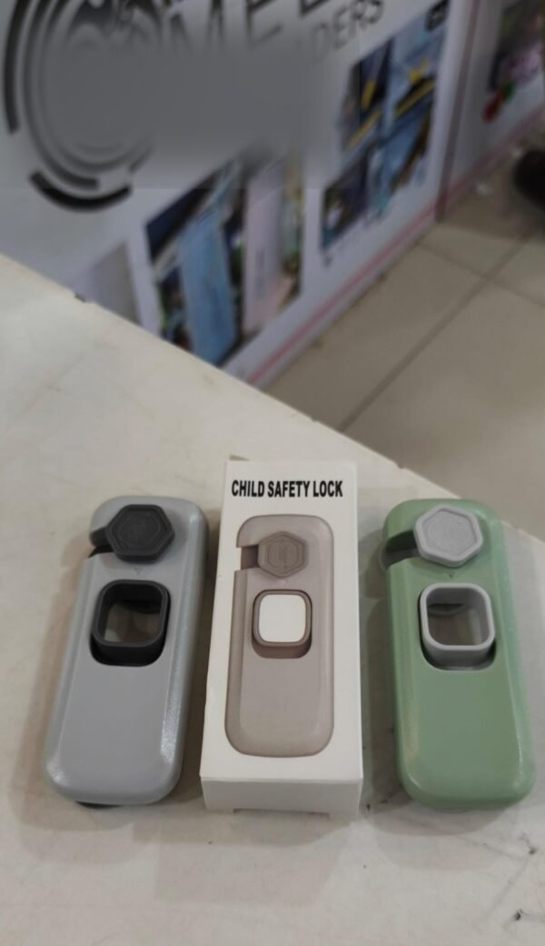 Rotatable child safety locks in grey, white and green with box